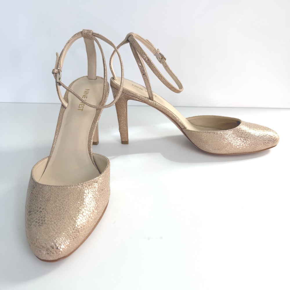 Nine West Honsity Metallic Gold Leather Ankle Strap Pumps Heels 10M Sparkle